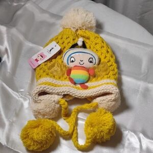 NWT Yellow & Cream Kids Knit Hat w/ Plush Rainbow Bug - OSFM